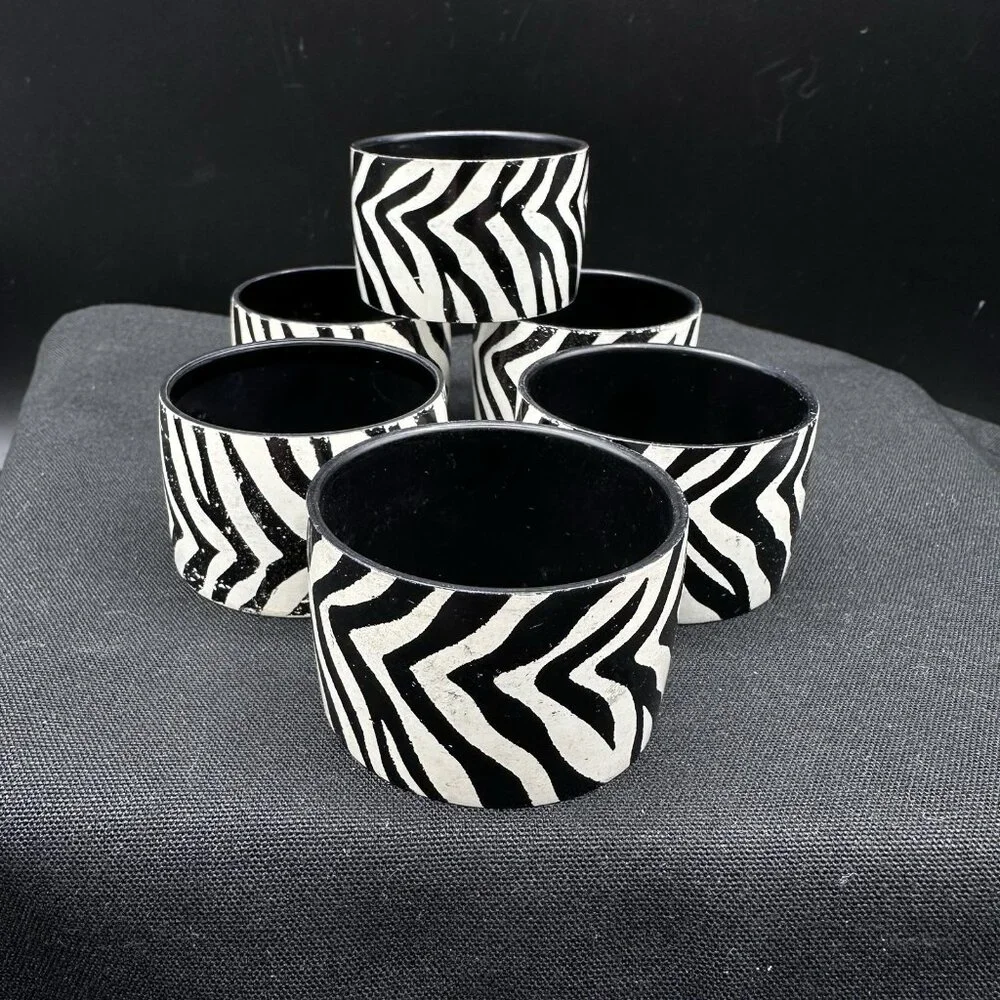 Black White Zebra Print Napkin Rings Set Of 6 Animal Pattern Table Decor Vintage